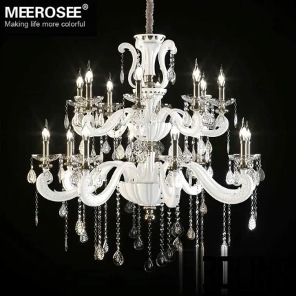 High-resolution 3D model of a large MEEROSEE crystal chandelier with a white frame, multiple candle bulbs, and numerous draped crystal strings and teardrop prisms.