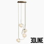 3D model of the Melina Pendant Lamp featuring organic, pebble-shaped white opal glass shades suspended by curved brass wires in a cascading arrangement.