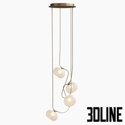 3D model of the Melina Pendant Lamp featuring organic, pebble-shaped white opal glass shades suspended by curved brass wires in a cascading arrangement.