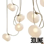 3D model of the Melina Pendant Lamp featuring organic, pebble-shaped white opal glass shades suspended by curved brass wires in a cascading arrangement.