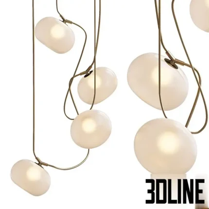 3D model of the Melina Pendant Lamp featuring organic, pebble-shaped white opal glass shades suspended by curved brass wires in a cascading arrangement.