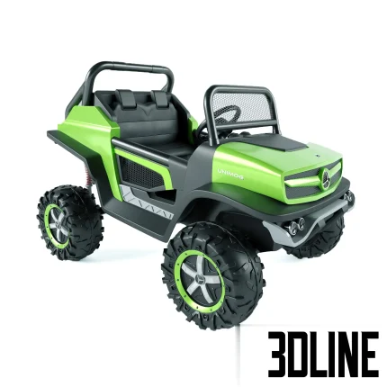 Detailed 3D model of a bright green Mercedes Unimog electric toy car for kids, featuring large black off-road wheels and black plastic seating.