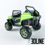 Detailed 3D model of a bright green Mercedes Unimog electric toy car for kids, featuring large black off-road wheels and black plastic seating.