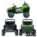 Detailed 3D model of a bright green Mercedes Unimog electric toy car for kids, featuring large black off-road wheels and black plastic seating.