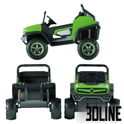 Detailed 3D model of a bright green Mercedes Unimog electric toy car for kids, featuring large black off-road wheels and black plastic seating.