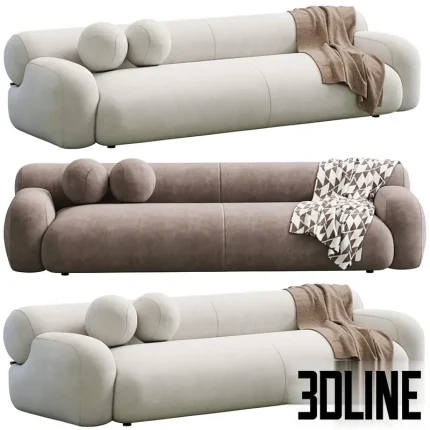 3D model of the Oskar Sofa by Meridiani, featuring a soft, monolithic design with rounded edges and backrests, accessorized with spherical cushions and a throw blanket, shown in white and taupe fabric.