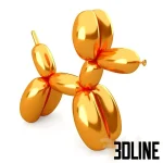 3D model of two highly reflective metallic balloon animal sculptures: a gold poodle/dog and a blue swan.