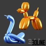 3D model of two highly reflective metallic balloon animal sculptures: a gold poodle/dog and a blue swan.