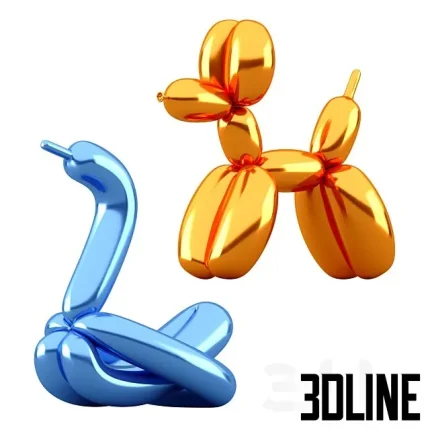 3D model of two highly reflective metallic balloon animal sculptures: a gold poodle/dog and a blue swan.
