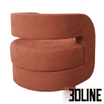 High-resolution 3D model of the MG+BW Home Kirby armchair, featuring deep, rounded U-shaped arms and a seat upholstered in a textured terracotta fabric.