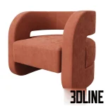 High-resolution 3D model of the MG+BW Home Kirby armchair, featuring deep, rounded U-shaped arms and a seat upholstered in a textured terracotta fabric.