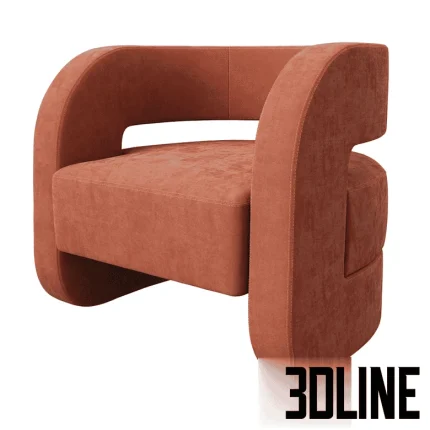 High-resolution 3D model of the MG+BW Home Kirby armchair, featuring deep, rounded U-shaped arms and a seat upholstered in a textured terracotta fabric.