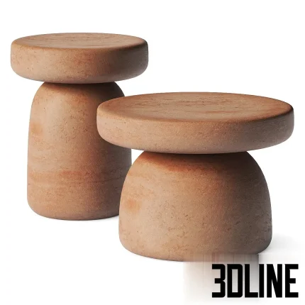 3D model set of Miniforms Tototo coffee tables, featuring a chunky, rounded monolithic design with a textured terracotta clay finish in two sizes.