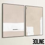 3D model set of two large vertical wall paintings (diptych) featuring minimalist abstract compositions in beige and white with a textured plaster effect, framed in thin black edges.