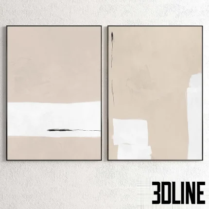 3D model set of two large vertical wall paintings (diptych) featuring minimalist abstract compositions in beige and white with a textured plaster effect, framed in thin black edges.