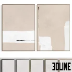 3D model set of two large vertical wall paintings (diptych) featuring minimalist abstract compositions in beige and white with a textured plaster effect, framed in thin black edges.