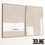 3D model set of two large vertical wall paintings (diptych) featuring minimalist abstract compositions in beige and white with a textured plaster effect, framed in thin black edges.