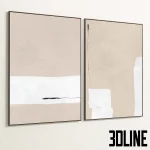 3D model set of two large vertical wall paintings (diptych) featuring minimalist abstract compositions in beige and white with a textured plaster effect, framed in thin black edges.