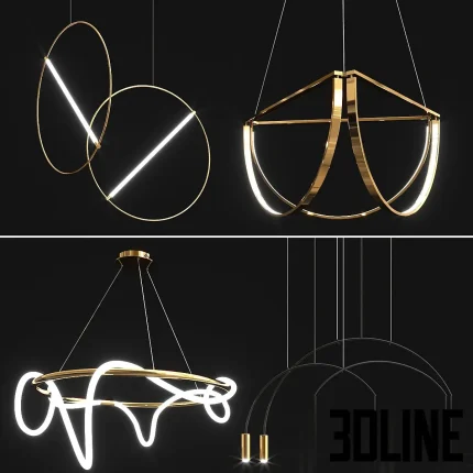 Detailed 3D model set of four minimalist LED chandeliers, featuring gold metal frames with integrated linear lights in circular and geometric shapes.