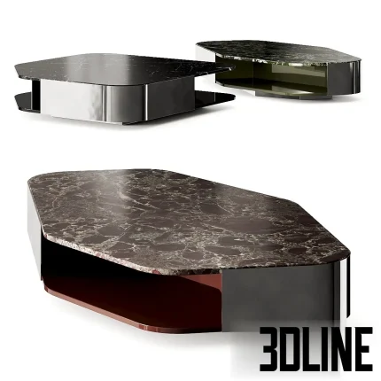 3D model of the Minotti Diagramma coffee table, featuring a unique, elongated hexagonal top made of rich dark brown marble with white veining, supported by a polished metallic base and a lower shelf.