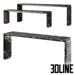 3D model set of Minotti Drake console tables, featuring a minimalist bridge design in black Marquina and brown Emperador marble finishes with sleek metal inner frames.