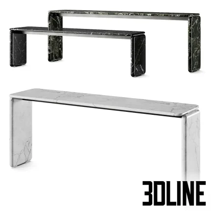 3D model set of Minotti Drake console tables, featuring a minimalist bridge design in black Marquina and brown Emperador marble finishes with sleek metal inner frames.