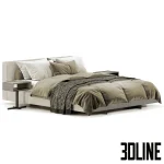 High-quality 3D model of Minotti Yves upholstered bed with wide horizontal headboard and integrated side tables