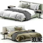 High-quality 3D model of Minotti Yves upholstered bed with wide horizontal headboard and integrated side tables