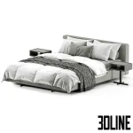 High-quality 3D model of Minotti Yves upholstered bed with wide horizontal headboard and integrated side tables