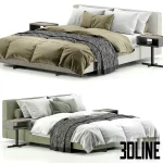 High-quality 3D model of Minotti Yves upholstered bed with wide horizontal headboard and integrated side tables