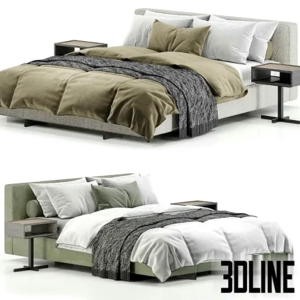 High-quality 3D model of Minotti Yves upholstered bed with wide horizontal headboard and integrated side tables