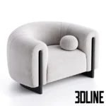 3D model of the Minuit armchair upholstered in deep olive green velvet, featuring a rounded tub shape, exposed dark wood legs that integrate into the arms, and a matching ball pillow.