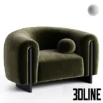 3D model of the Minuit armchair upholstered in deep olive green velvet, featuring a rounded tub shape, exposed dark wood legs that integrate into the arms, and a matching ball pillow.