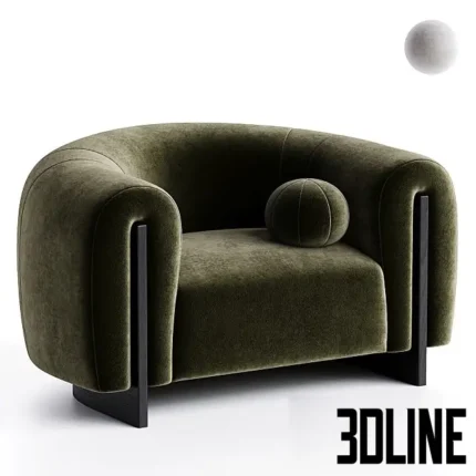 3D model of the Minuit armchair upholstered in deep olive green velvet, featuring a rounded tub shape, exposed dark wood legs that integrate into the arms, and a matching ball pillow.