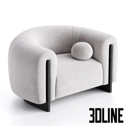 3D model of the Minuit armchair upholstered in deep olive green velvet, featuring a rounded tub shape, exposed dark wood legs that integrate into the arms, and a matching ball pillow.