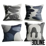 3D model set of decorative throw pillows featuring abstract organic shapes in blue, black, and beige, including a solid blue velvet bolster pillow.