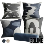 3D model set of decorative throw pillows featuring abstract organic shapes in blue, black, and beige, including a solid blue velvet bolster pillow.