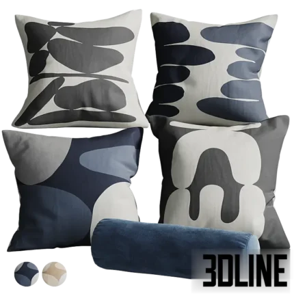 3D model set of decorative throw pillows featuring abstract organic shapes in blue, black, and beige, including a solid blue velvet bolster pillow.