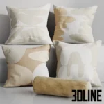 3D model set of decorative throw pillows featuring abstract organic shapes in blue, black, and beige, including a solid blue velvet bolster pillow.