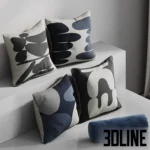 3D model set of decorative throw pillows featuring abstract organic shapes in blue, black, and beige, including a solid blue velvet bolster pillow.