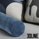 3D model set of decorative throw pillows featuring abstract organic shapes in blue, black, and beige, including a solid blue velvet bolster pillow.