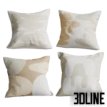 3D model set of decorative throw pillows featuring abstract organic shapes in blue, black, and beige, including a solid blue velvet bolster pillow.