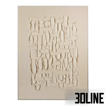 3D model of a modern abstract painting featuring heavy textured impasto strokes and plaster relief in neutral beige tones, framed in a thin metal edge.