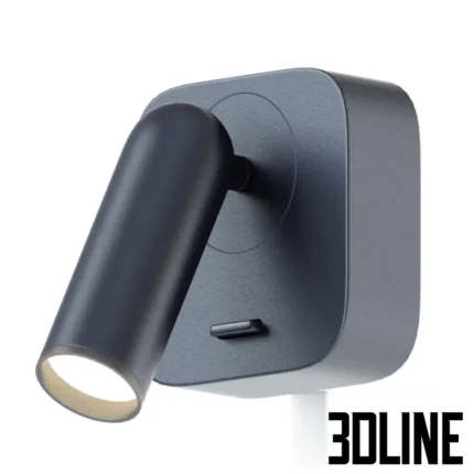 3D model of a modern adjustable LED wall reading light in a matte dark grey finish, featuring a cylindrical spotlight head on a square base with a switch.