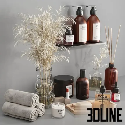 Detailed 3D model set of modern bathroom vanity accessories including rolled grey towels, amber soap/lotion bottles, perfume, candles, a diffuser, and a vase with white willow branches.
