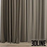 3D model of a modern dual-layer curtain set, featuring heavy beige blackout drapes with deep vertical folds and a light, translucent white tulle under-layer.