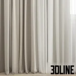 3D model of a modern dual-layer curtain set, featuring heavy beige blackout drapes with deep vertical folds and a light, translucent white tulle under-layer.