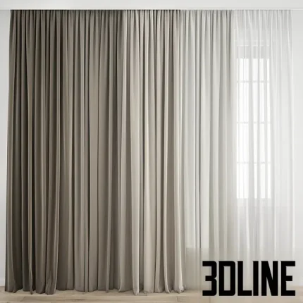 3D model of a modern dual-layer curtain set, featuring heavy beige blackout drapes with deep vertical folds and a light, translucent white tulle under-layer.