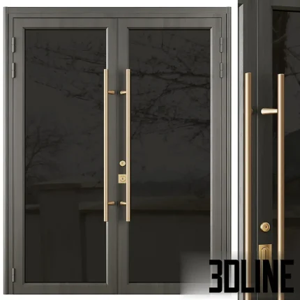 Detailed 3D model of a modern double entrance door, featuring a slim black metal frame, full glass panels, and two long polished gold pull handles.