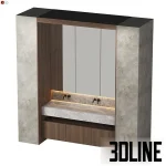 High-resolution 3D model of a modern bathroom vanity featuring a three-door mirrored cabinet, integrated double marble sink, wall-mounted black faucets, and dark wood cabinetry.
